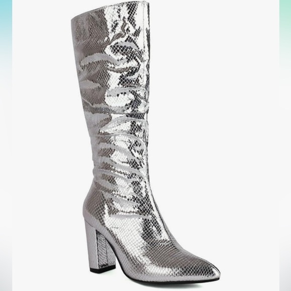 Silver Metallic Crocodile Slouchy Knee High Boot 3.5” Heel Women’…Pointed Toe - Picture 8 of 16